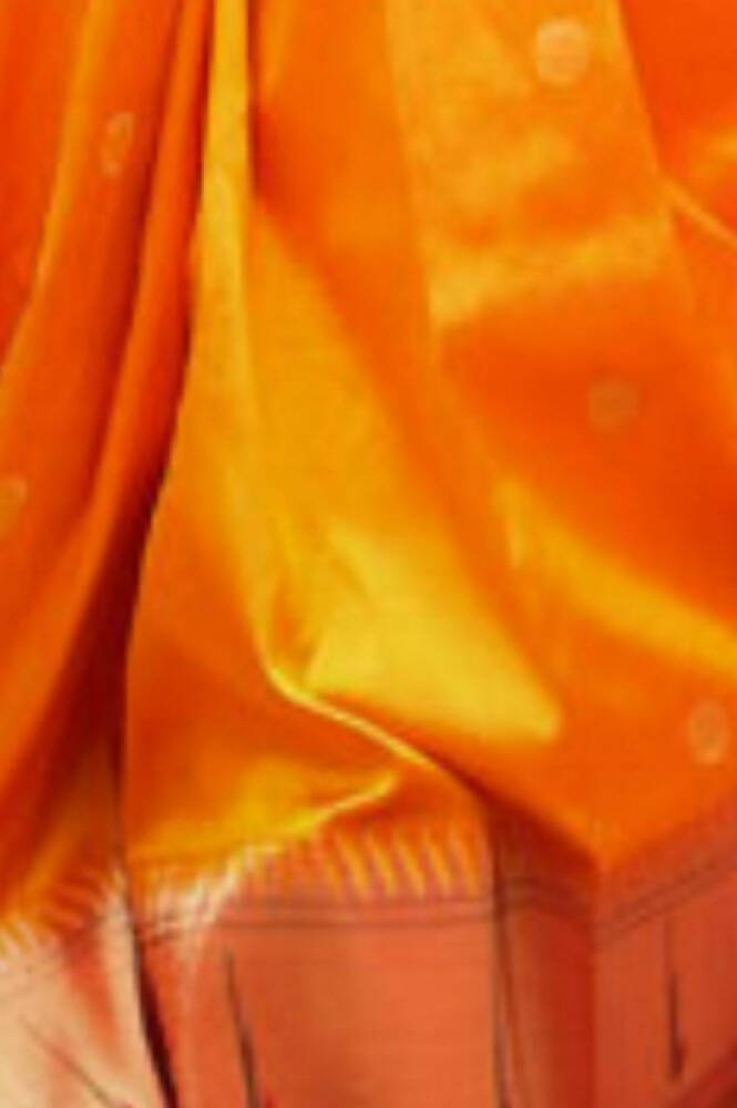Very Much Indian Authentic Handloom, Beautiful Orange Yellow, Pure Silk Muniya Border Paithani With Radha Krishna Pallu(High Quality Silk) - Grab2buy