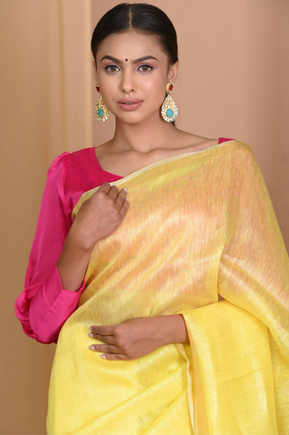 Very Much Indian Pure Linen Silk Saree With Sleek Border - Yellow - Grab2buy