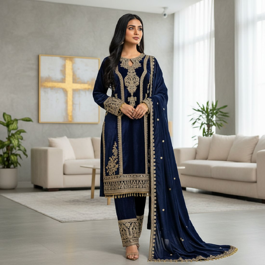 Joban Fashion Blue Velvet Embroidery Sequence Work Readymade Kurta Set