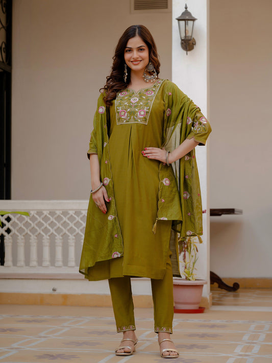 Pramukh Fab Mehendi Green Color Viscose Mango Silk Kurta Set