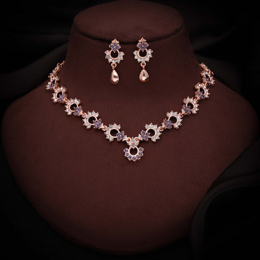 Tehzeeb Creations Gold-Polished Lavender Diamond Necklace With Earrings | Grab2Buy
