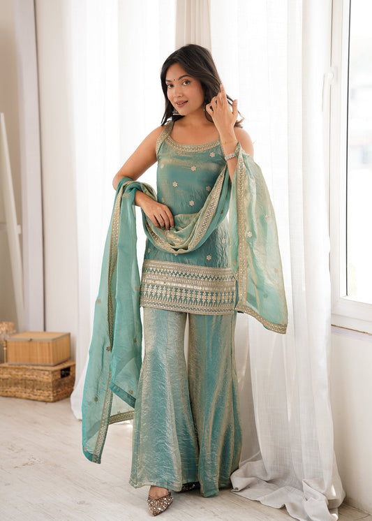 Lorenvalley Fashion Seagreen Fendy Silk Fabric With Embroidery Sequence Dori And Jari Work Bell Bottom Pant With Dupatta