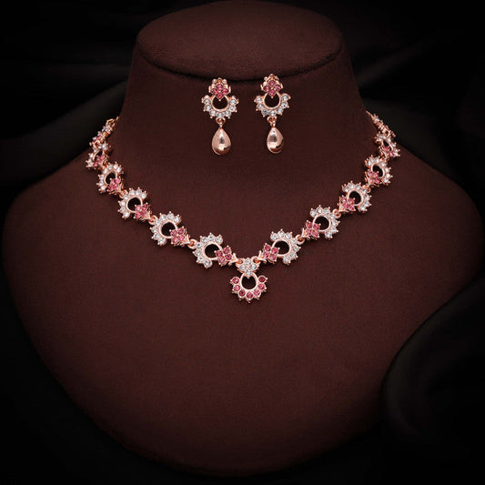 Tehzeeb Creations Gold-Polished Pink Diamond Necklace With Earrings | Grab2Buy