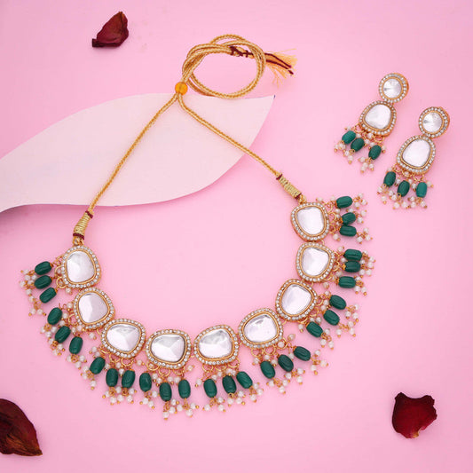 Tehzeeb Creations Gold-Polished Kundan Green Colour Necklace With Earrings