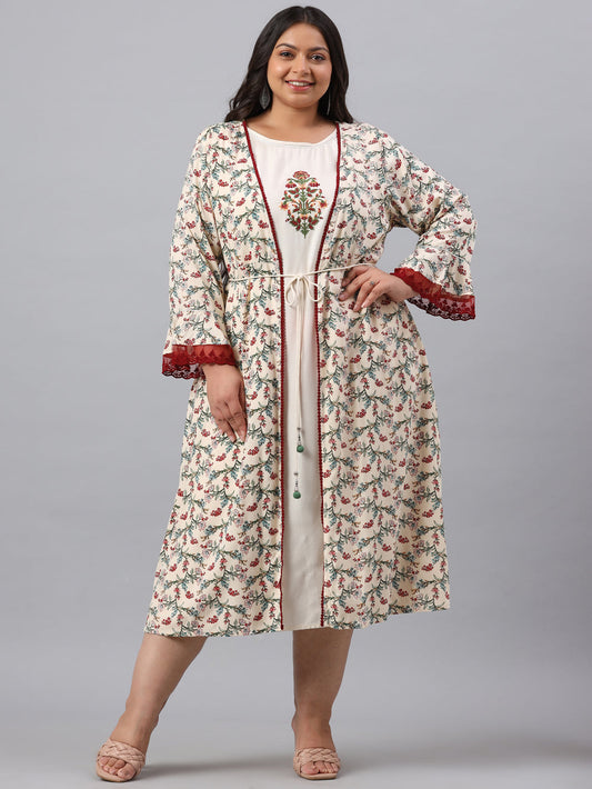 Juniper Women`s Ivory Rayon Festive Wear Embroidered & Printed Flared Dress