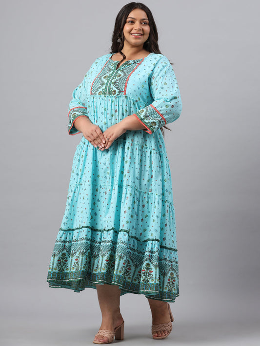 Juniper Women`s Sky Blue Cambric Festive Wear Printed Tiered Dress