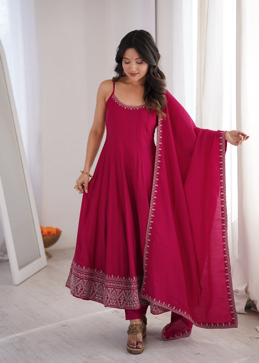 Lorenvalley Fashion Rani Pink Roman Silk Chanderi Embroidery Thread Work Lace Anarkali Gown Pant with Dupatta