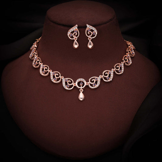 Tehzeeb Creations Brass Rose Gold-Polished Lavender Colour Necklace With Earrings | Grab2Buy