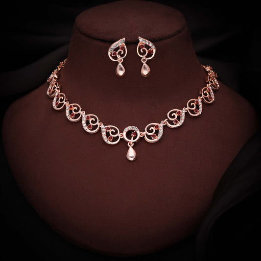 Tehzeeb Creations Brass Rose Gold-Polished Maroon Colour Necklace With Earrings