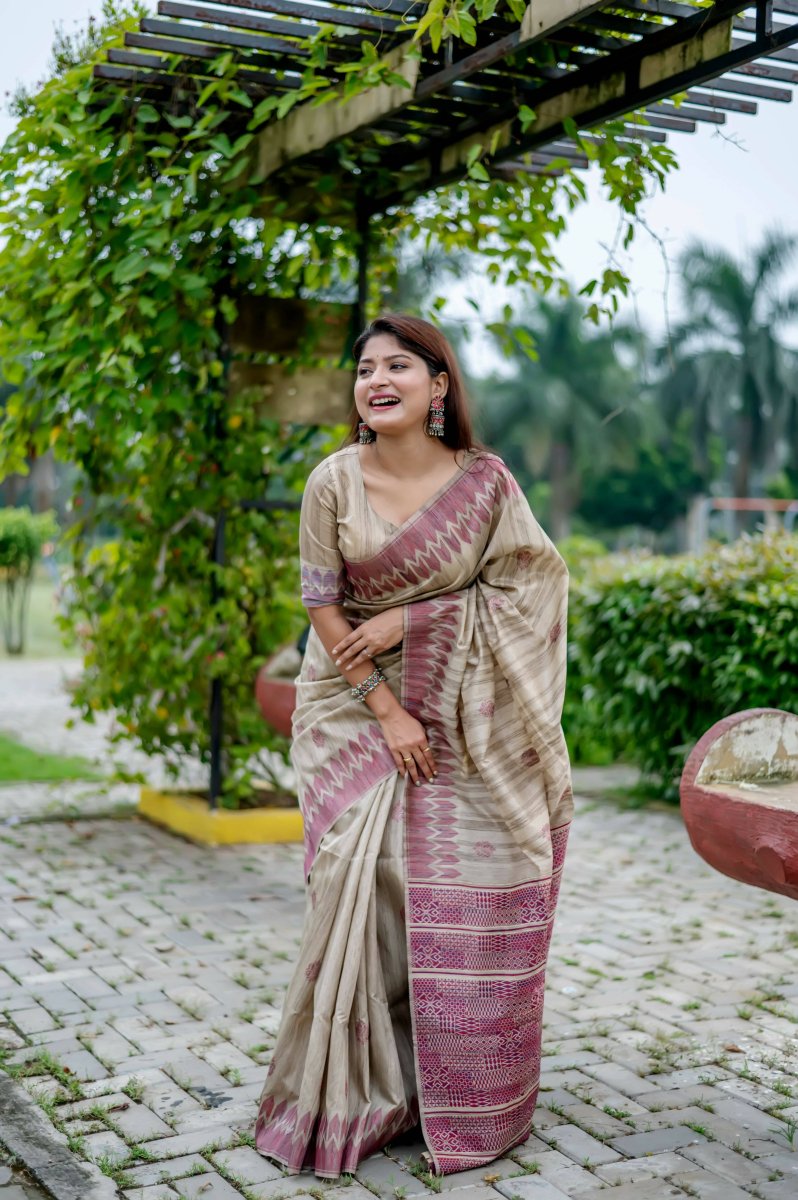 Aastha Fashion Wine Thread Woven Handloom Tussar Silk Saree with Blouse - Grab2buy