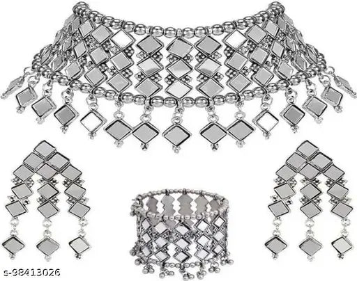 Tehzeeb Creations Women's Silver Colour Oxidised Necklace,Earrings And Bangle In Mirror Design | Grab2Buy