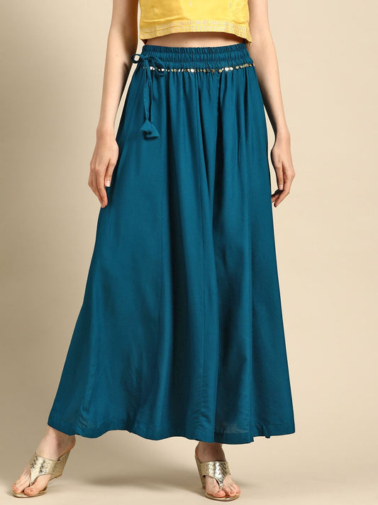 TAG 7 Women Teal Blue Solid Flared Palazzos