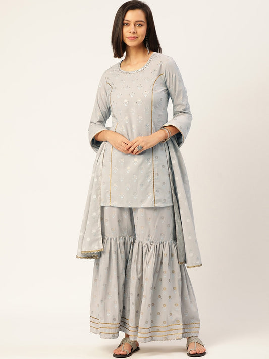 HERE&NOW Women Grey Floral Printed Panelled Gotta Patti Pure Cotton Kurti with Sharara With Dupatta