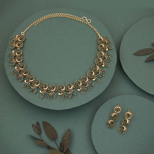 Tehzeeb Creations Gold Pleate Green Colour Choker Set | Grab2Buy