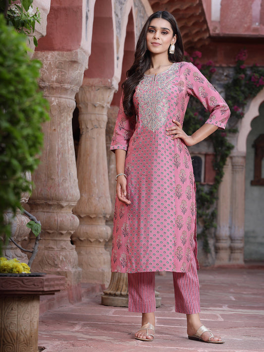 Juniper Women's Pink Muslin Embroidered Straight Kurta Sets | Grab2Buy