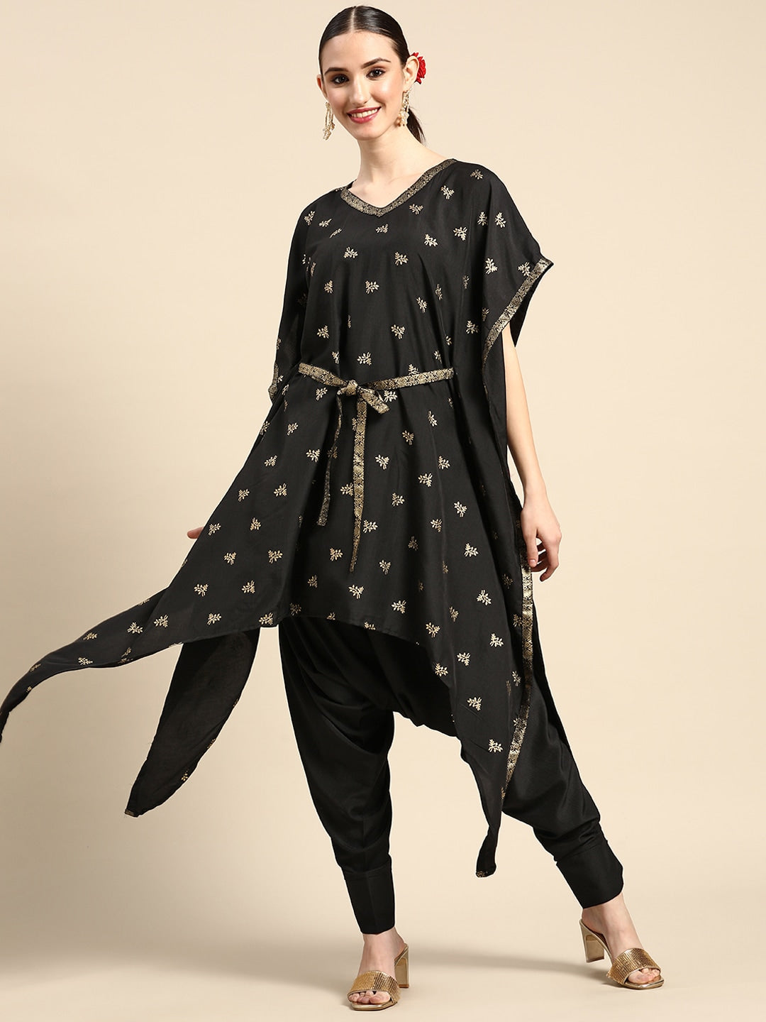 Sangria Women Black & Golden Ethnic Motifs Printed Kurta with Harem Pants - Grab2buy