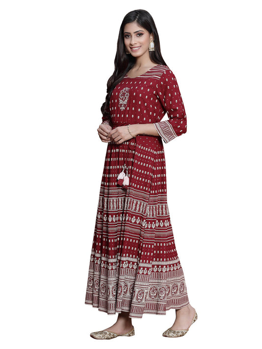 Juniper Women's Maroon Rayon Printed Flared Dress