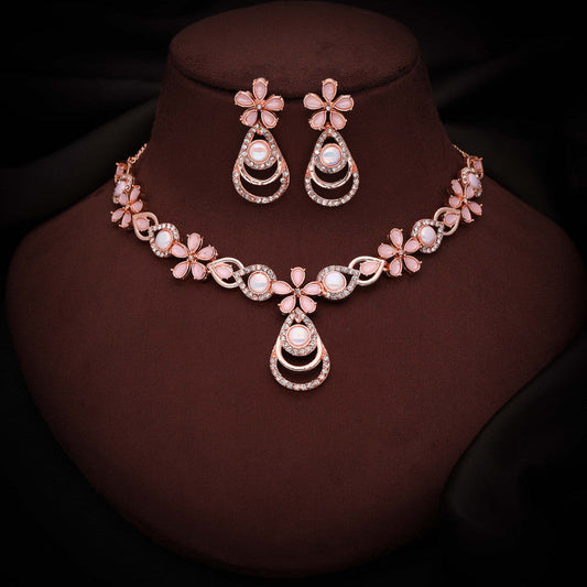 Tehzeeb Creations Rose Gold-Polished Baby Pink Colour Necklace With Stud