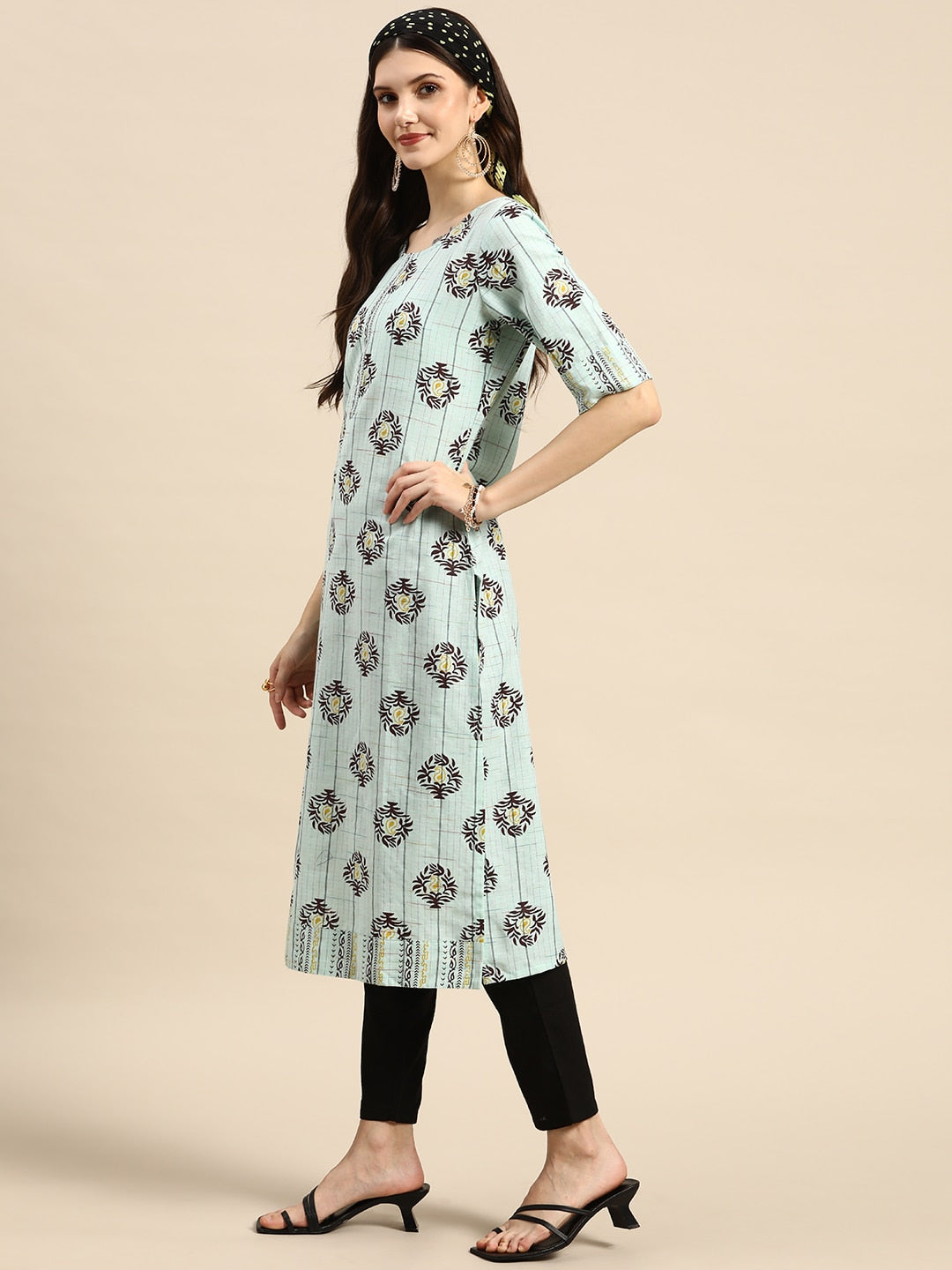 Sangria Women Blue & Brown Ethnic Motifs Printed Kurta - Grab2buy