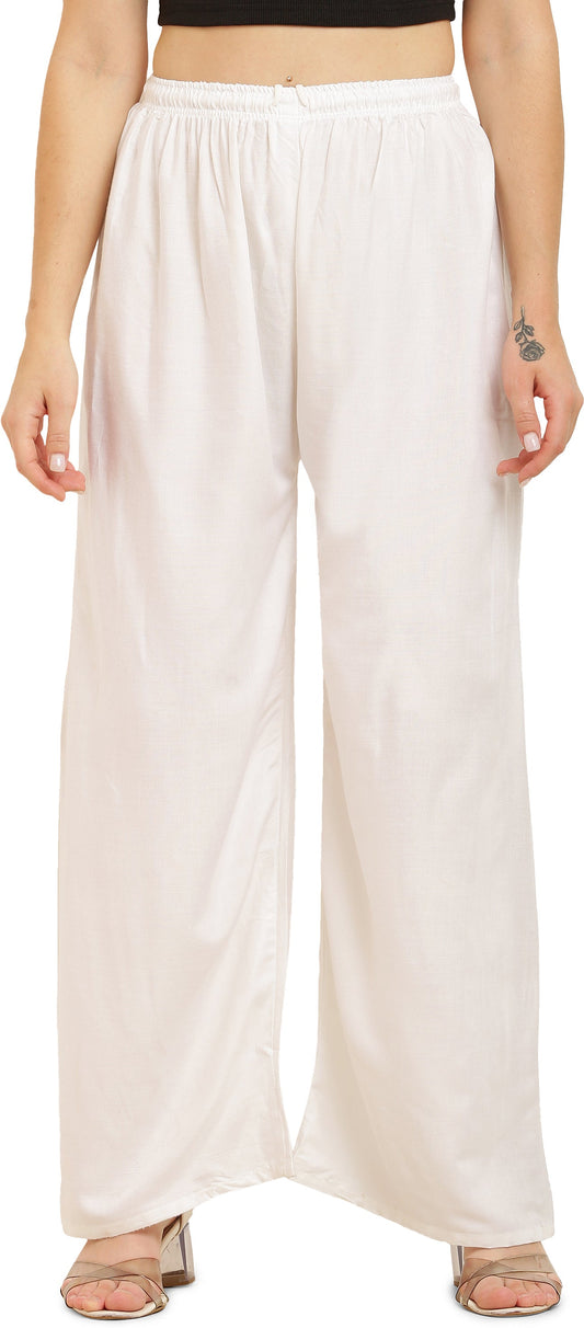 PAVONINE White Color Straight Fit Rayon Fabric Palazzo