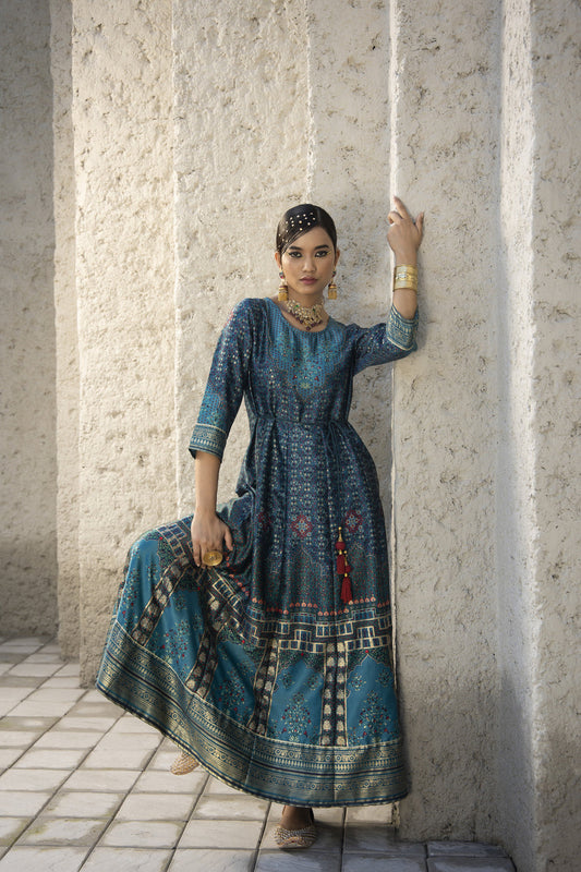 Juniper Teal Satin Festive Printed Anarkali Flared Anarkali Kurta For Women