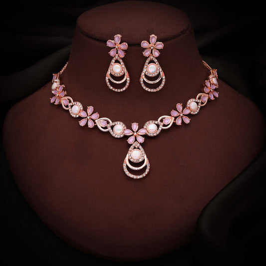 Tehzeeb Creations Rose Gold-Polished Lavender Colour Necklace With Stud | Grab2Buy