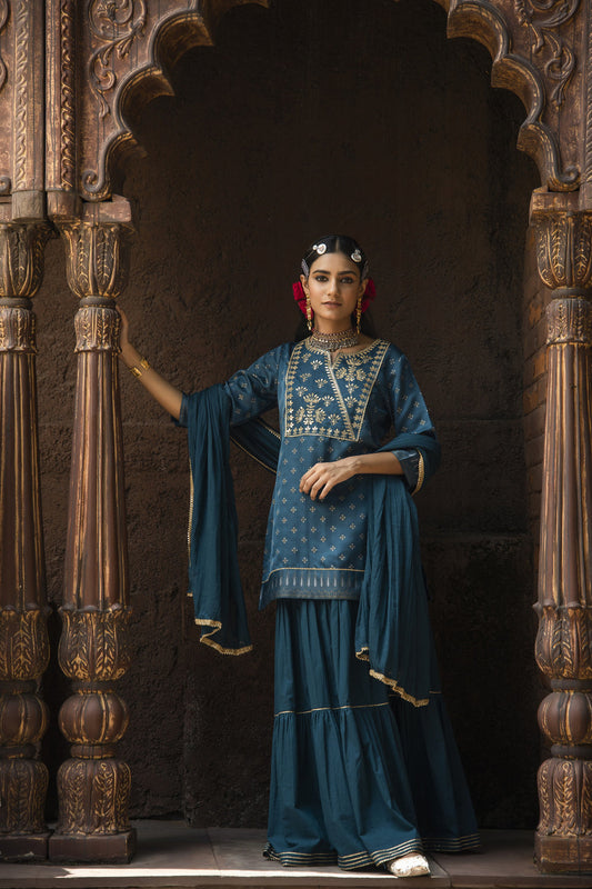 Juniper Teal Satin Slub Festive Embroidered Printed Straight Kurta Skirt Dupatta For Women