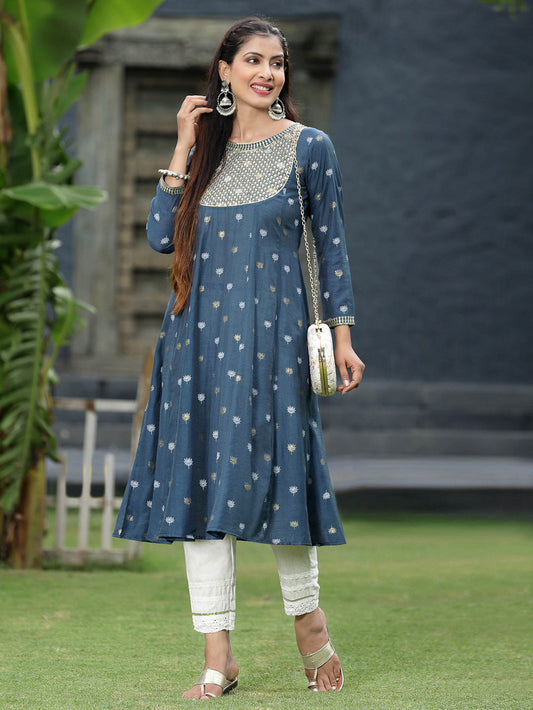 Juniper Women Indigo Rayon Festive Foil Printed Anarkali Flared Anarkali Kurta