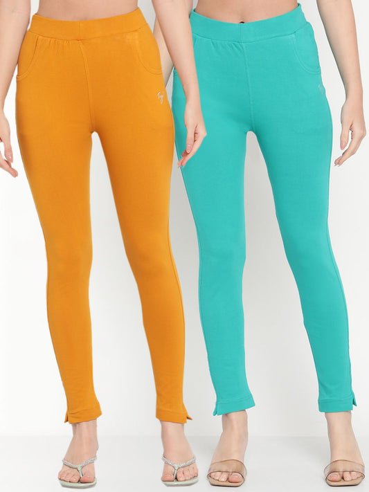 TAG 7 Women Pack of 2 Mustard Yellow & Turquoise Blue Solid Kurti Pants