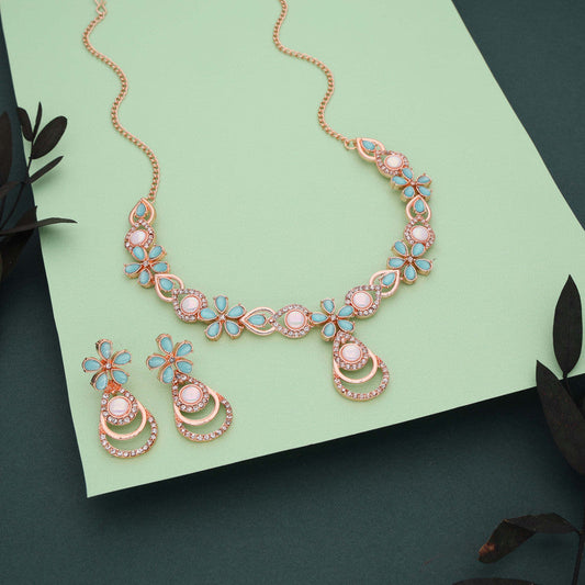 Tehzeeb Creations Rose Gold-Polished Sky Blue Colour Necklace With Stud | Grab2Buy