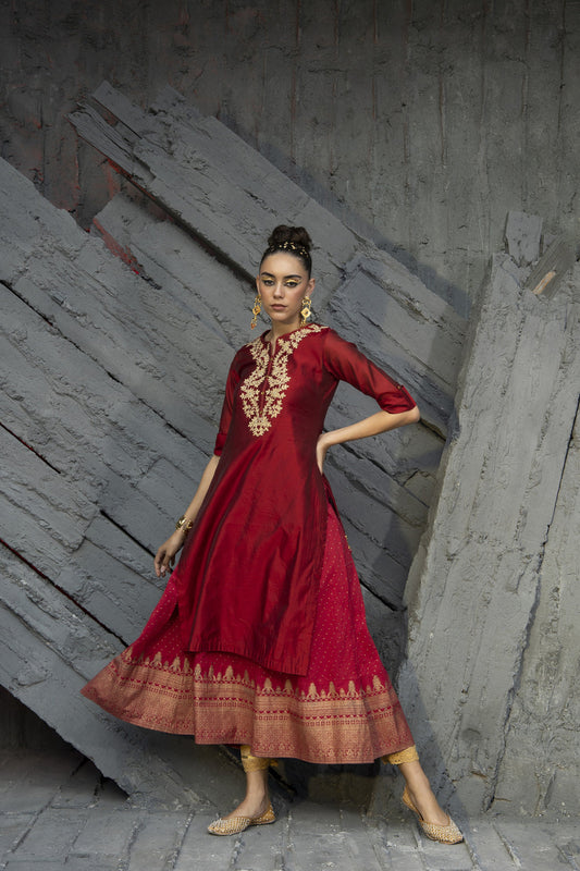 Juniper Women Maroon Chanderi Festive Embroidered + Printed Straight/Flared Kurta