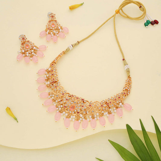 Tehzeeb Creations Gold-Polished Baby Pink Colour Necklace With Stud