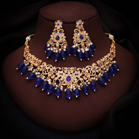 Tehzeeb Creations Gold-Polished Blue Colour Necklace With Stud | Grab2Buy