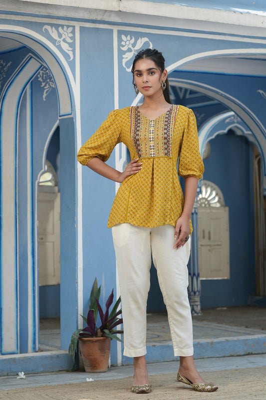 Juniper Mustard Rayon Festive Printed A-Line Tunic For Women
