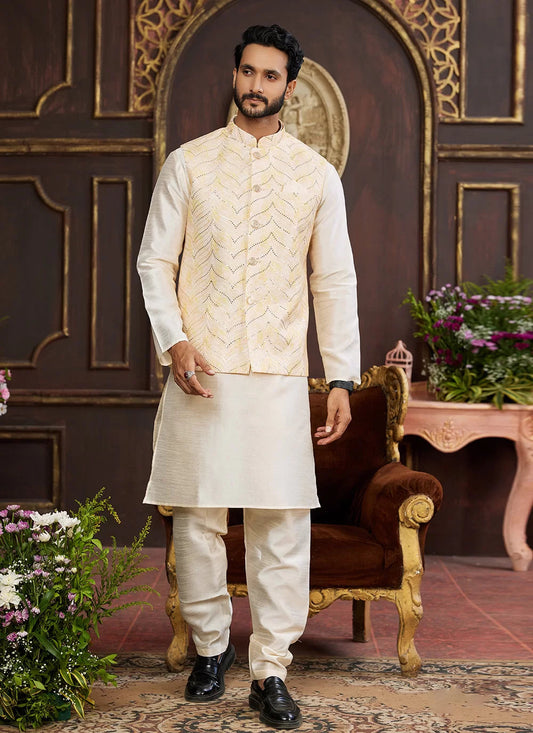 Raivat Ethnic Art Silk Digital Print Work Jacket Set In Light Yellow Colour