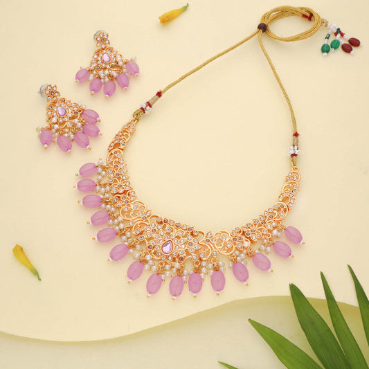 Tehzeeb Creations Gold-Polished Lavender Colour Necklace With Stud