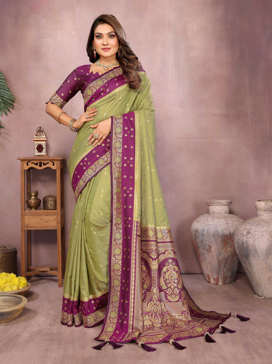 Aastha Fashion Mehndi Kalamkari Silk Zari Woven Saree