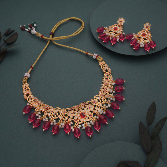 Tehzeeb Creations Gold-Polished Pink Colour Necklace With Stud