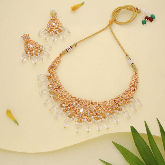 Tehzeeb Creations Gold-Polished White Colour Necklace With Stud