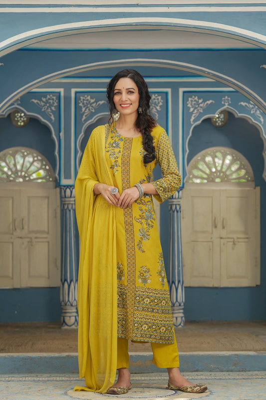 Juniper Mustard Rayon Festive Printed Straight Skd For Women