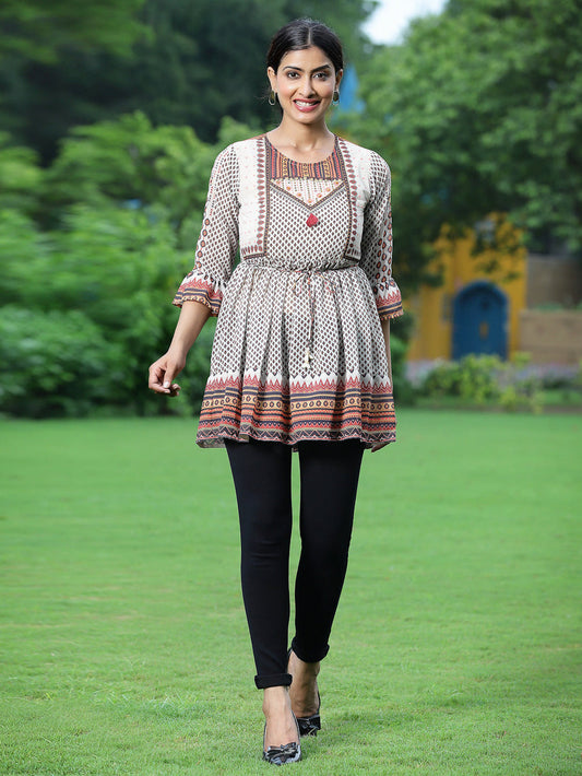 Juniper Off - White Georgette Festive Printed Flared Tunic For Women