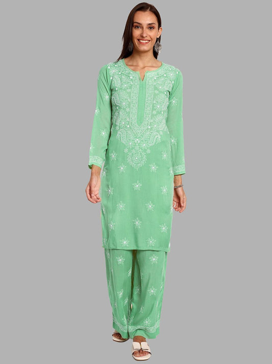 ADA Floral Embroidered Long Sleeves Regular Lucknowi Chikankari Kurta With Palazzos