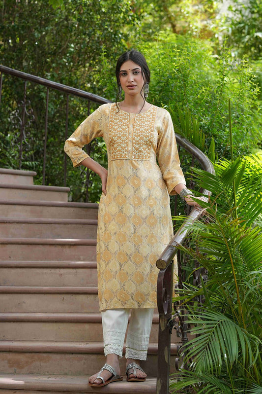 Juniper Beige Muslin Festive Wear Mirror Work Straight Kurta