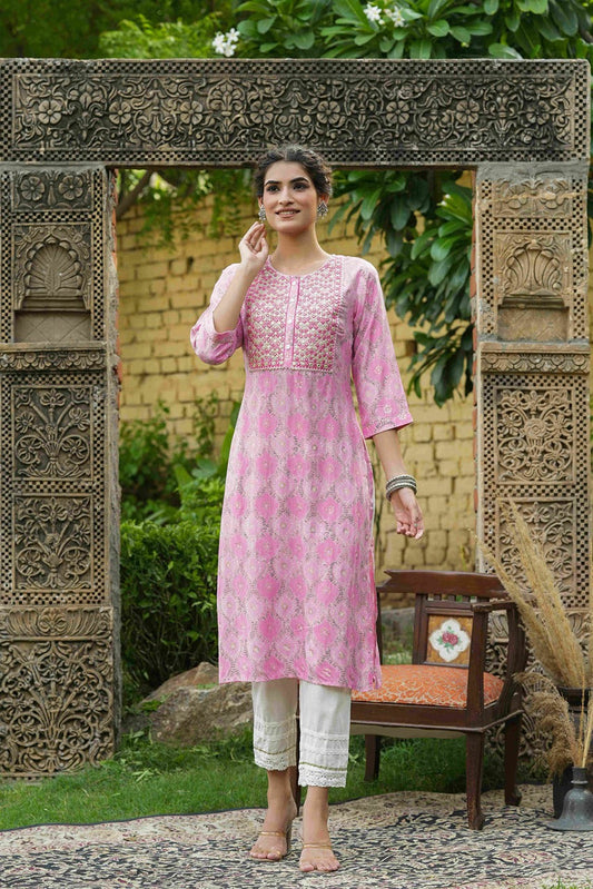 Juniper Pink Muslin Festive Wear Mirror Work Straight Kurta