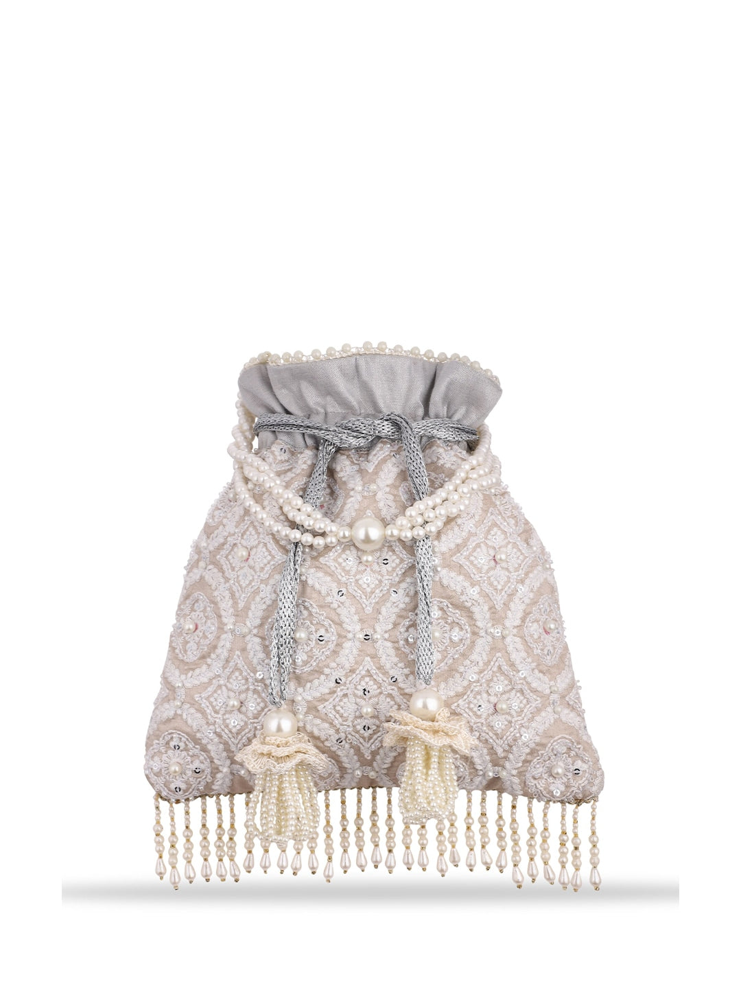 Masq Tan & White Embroidered Potli Clutch - Grab2buy