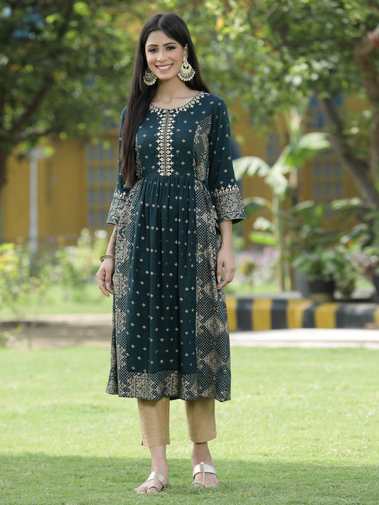 Juniper Green Rayon Festive Wear Printed Flared Kurta