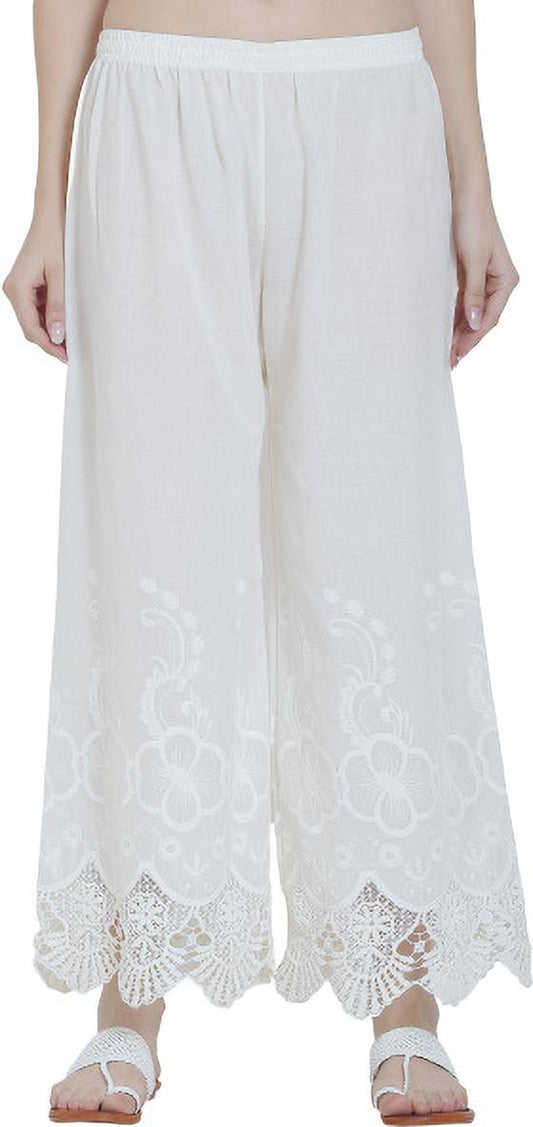 PAVONINE White Color Chikankari Lace Scalloped Hem Cotton Fabric Sharara