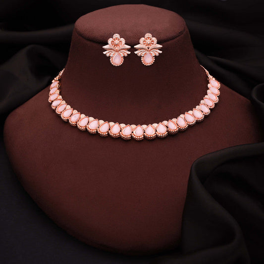 Tehzeeb Creationss Rose Gold Polish Baby Pink Colour Necklace With Pair Of Earrings | Grab2Buy