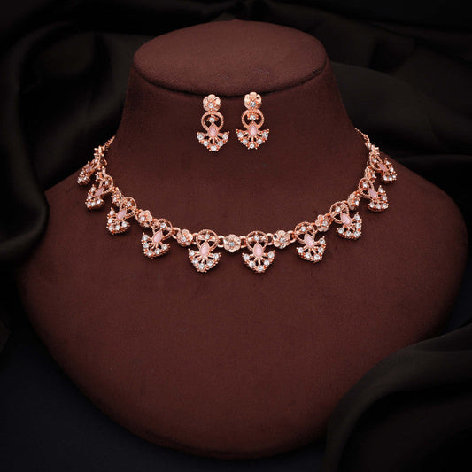 Tehzeeb Creations Gold-Polished Baby Pink Colour Necklace With Earrings Tehzeeb Creations