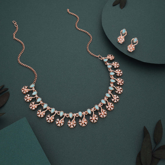 Tehzeeb Creations Rose Gold-Polished Sky Blue Choker Necklace With Dangle Earrings | Grab2Buy